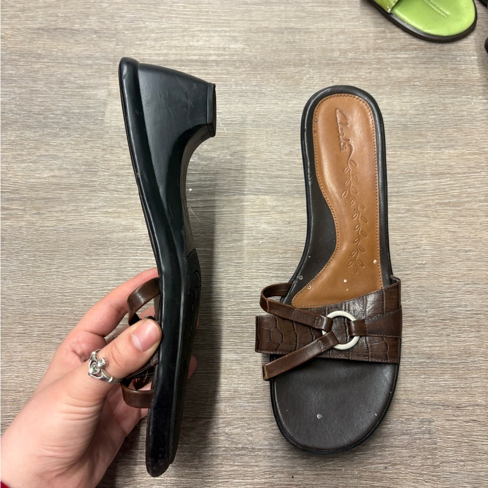 Clarks Brown Croc-Textured Leather Slide Mules with Silver Ring Accent